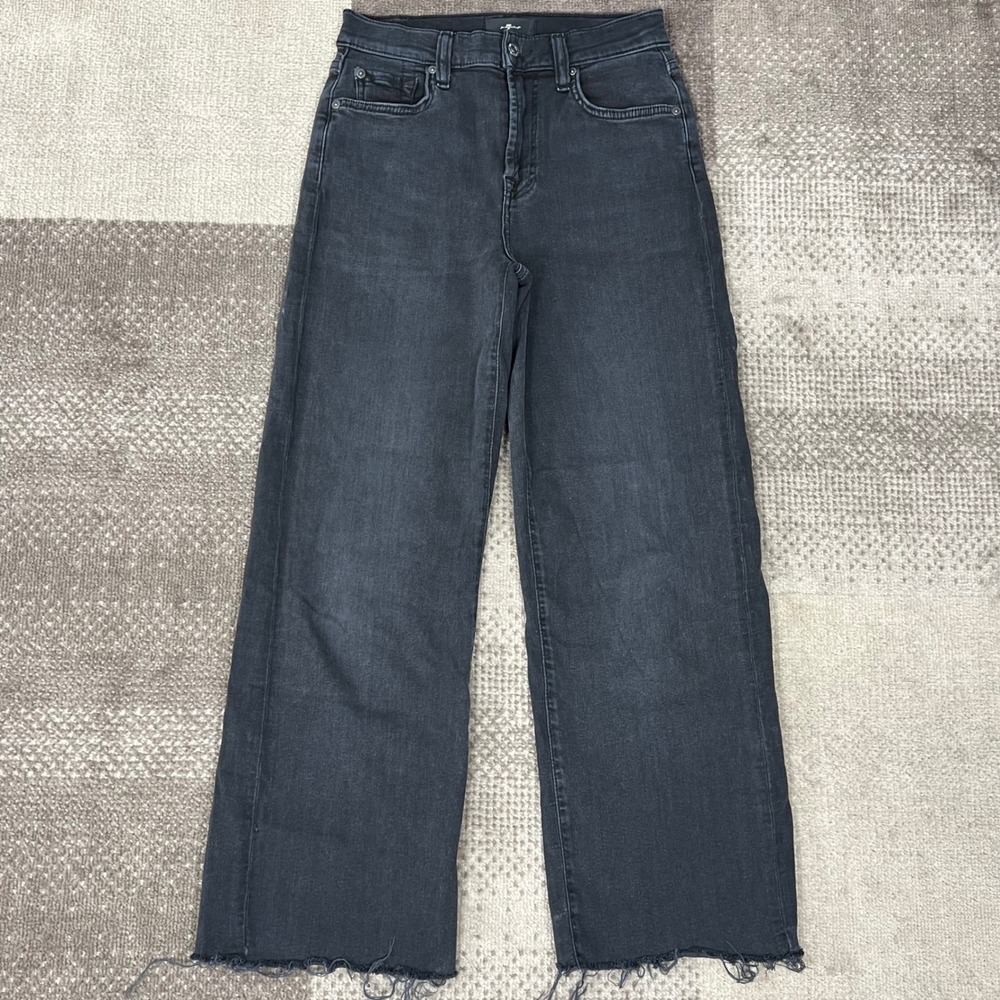 7 For All Mankind Womens Wide Leg Raw Hem Jeans‎ Faded Black Denim High Rise 26